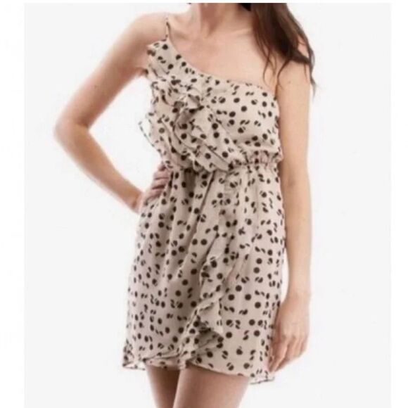 BCBGeneration Cashmere Combo Polka Dot Ruffle One Shoulder Sleeveless Mini Dress - Picture 2 of 8